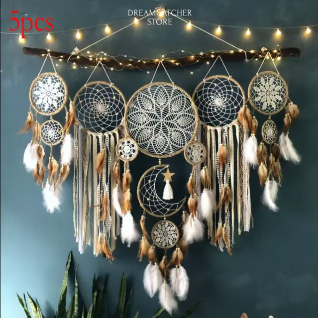 5-piece large Dream Catcher, handcrafted Moon Dream Chaser, Bohemian wall decoration Moon and Sun Sweet Dream Bedside decoration