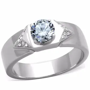 Lanyjewelry Men's Geometric Statement Ring, 6x6mm Round Cut Cubic Zirconia Center Stone, Small Side Stones, Hypoallergenic Stainless Steel Artificial Gemstone Jewelry