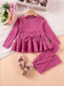 Girls' Bow Knot Set, Sweet Knit Two-Piece, Vertical Striped Long Sleeve Top + Pants, Daily Wear, Spring Outfits, Trendy Look, Striped Sets, Baby Clothes Girl