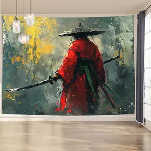 red samurai warrior tapestry,  wall hanging retro style living room bedroom office, perfect gift for party decoration