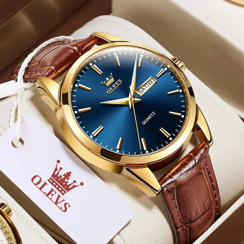 OLEVS Men's Automatic Watches, Classic Business Design with Blue Roman Numeral Dial, Waterproof Mechanical Movement and Leather Strap, Analog Mechanical Watches, Water Resistant Watch, Casual Business Wristwatch
