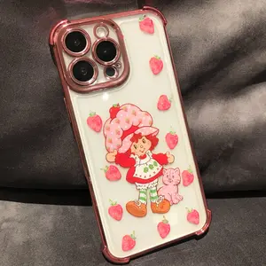 S-Strawberry Girly iPhone Cases Pink Shortcake Doll Phone Case For iPhone 16 15 14 13 12 11 Pro Max Plus Shockproof Transparent Cover Protector Casing Protector Protection