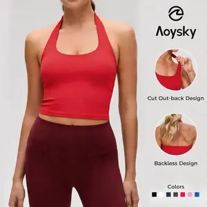 Aoysky Womens Buttery Soft Halter Workout Tank Tops with Built in Bra Cropped Padded Open Back Gym Longline Sports Bras