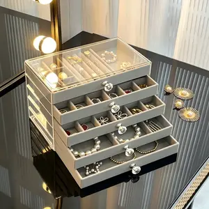 Clear Acrylic 5-Tier Jewelry Organizer Box with Soft Velvet Lining Multi-Compartment Drawer for All Jewelry Types Space-Saving Stackable Design Dustproof Anti-Tarnish Storage for Earrings Rings Bracelets Bedroom Vanity