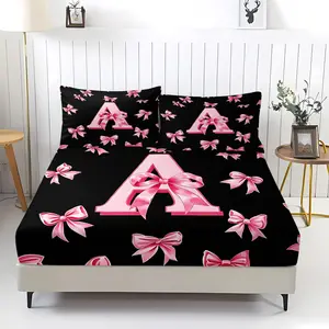 3Pcs Y2K Pink Bowknot Monogram A-Z Fitted Sheet Set No Fillers, Black Pink Girly Chic Bed Sheet Set, Coquette Aesthetic Bedding Set with Pillowcases, Deep Pocket Easy Care for Teen Girls Women Bedroom Dorm Room Decor