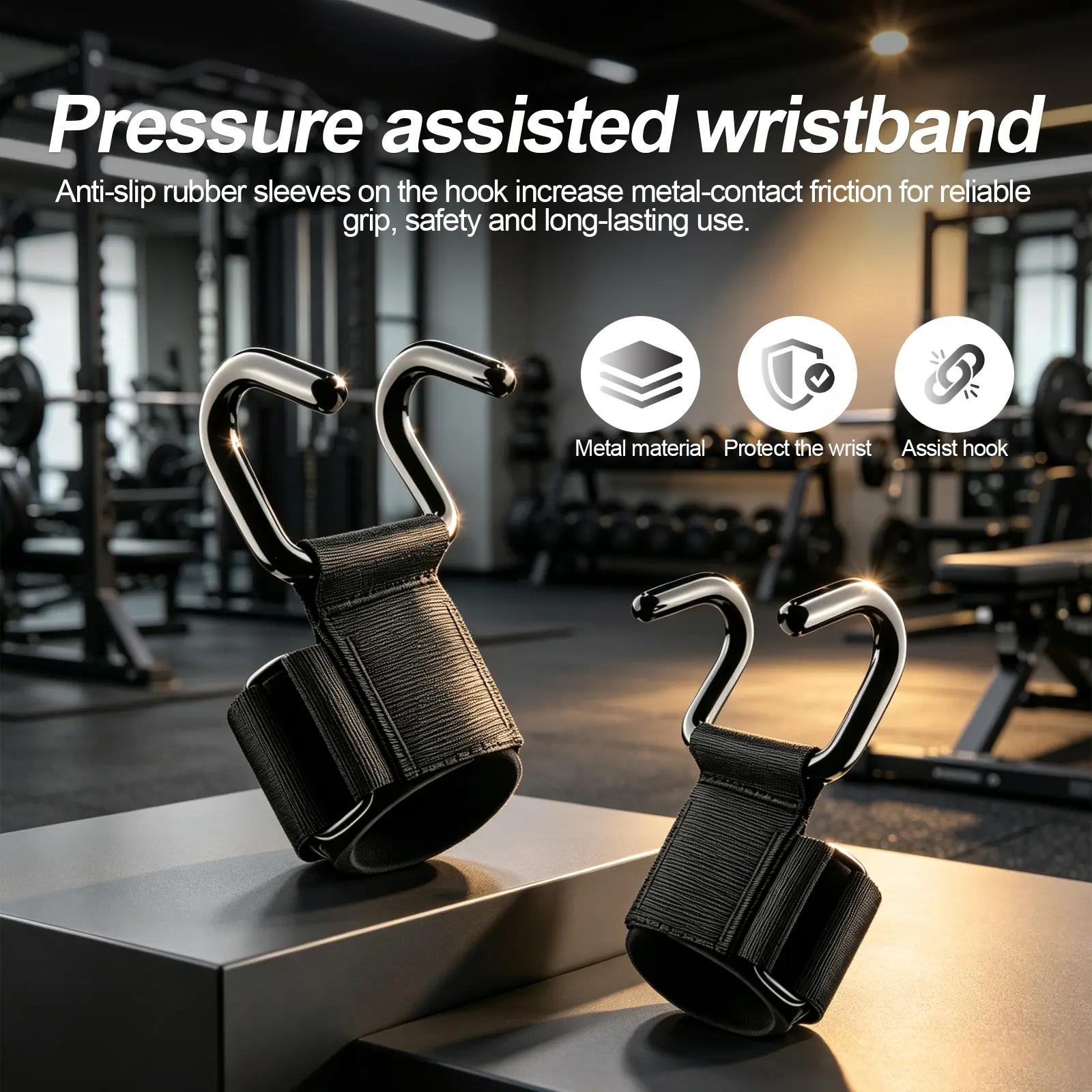 Weight Lifting Hooks, 1 Pair Heavy Duty Gym Lifting Hooks with Wrist Straps, Grip Support for Deadlifts, Pull Ups, Rows, Shrugs, Lat Pulldowns & Strength Training, Adjustable Wrist Wraps for Fitness, Bodybuilding, Men & Women