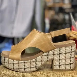Corky's Miss Carley Camel & Plaid Platform Sandal with Unique Plaid Heel Design