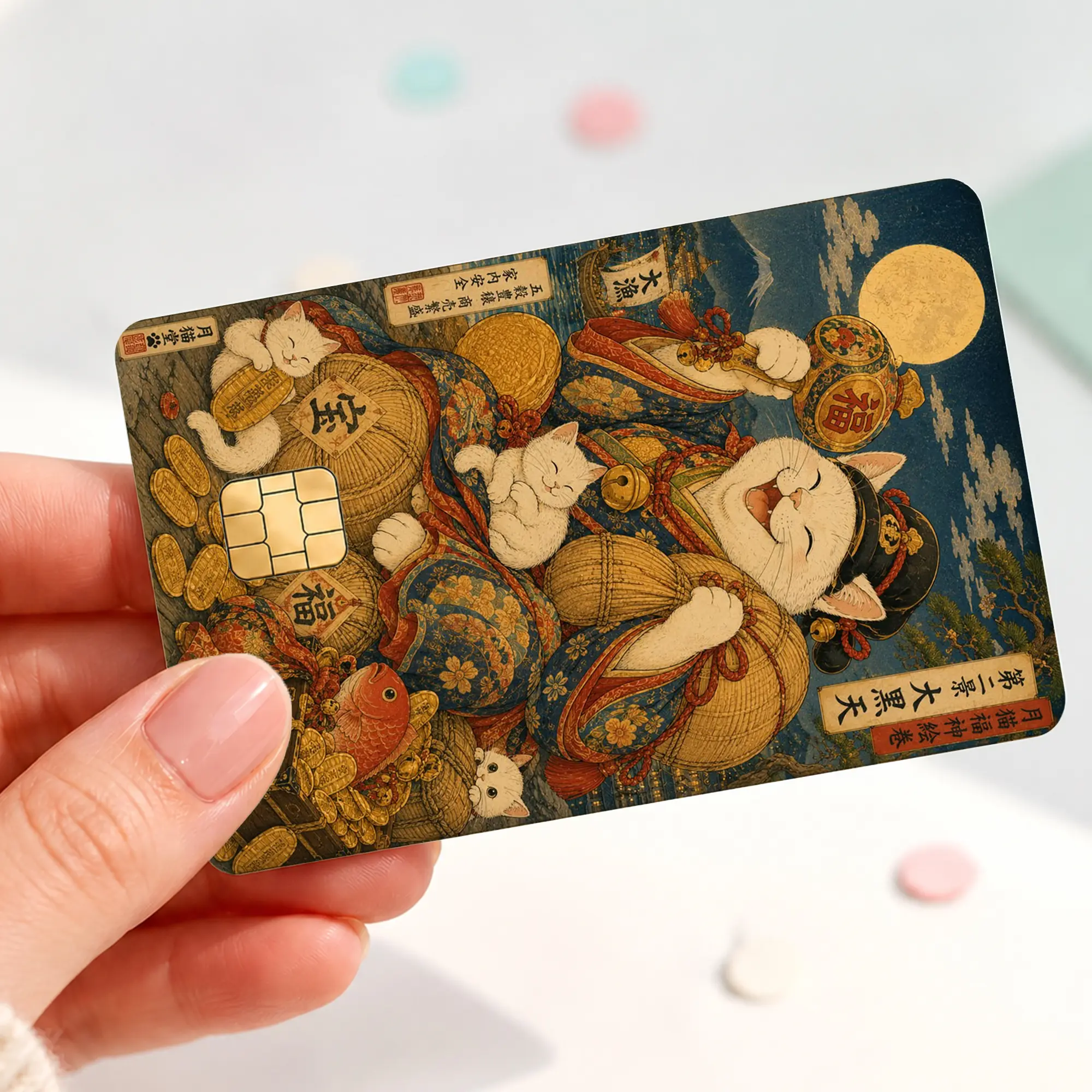 Japanese Lucky Cat Family Credit Card Skin Sticker, Ukiyo E Fortune Kitty Debit Card Cover, Kimono Cats Gold Coin Bank Card Decal, Vintage Japanese Art Wallet Wrap Gift