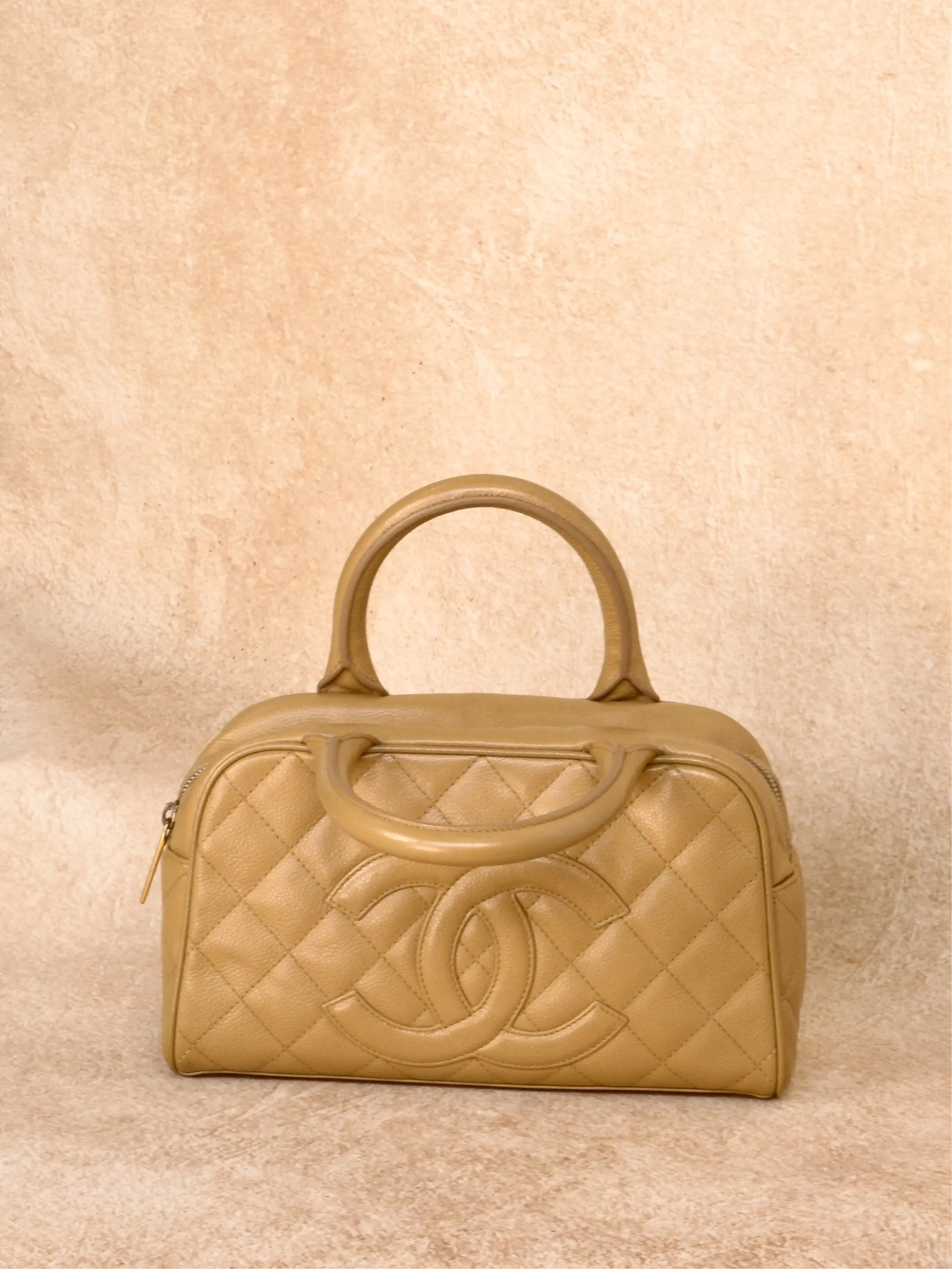 Pre-owned CHANEL Tan Quilted Caviar Small Timeless Bowler Bag Gold Hardware