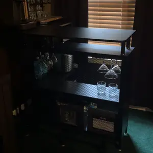 Tribesigns L-shaped Home Bar Table with Storage Shelves and Wine Rack Bottles Metal Utensils Champagne Drink