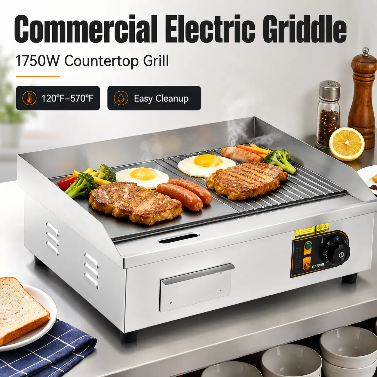 1750W Commercial Electric Griddle – Stainless Steel Flat Top