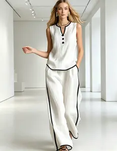 2026 Women's Contrast Trim 2 Piece Lounge Set V-Neck Sleeveless Tank Top & Wide Leg Pants Summer Outfit Mother's Day Gift