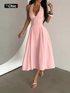 Deep V Waist A-Line Vacation Dress, Casual Fitted Plain Design, Perfect for Summer, Women's Fashionable Holiday Wear