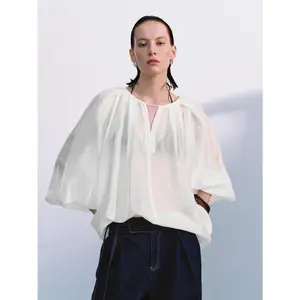 URBAN REVIVO 2026 Spring New Women's Korean-Style Lyocell Blend Blouse - Long Sleeves, Ruffled, Tie-Waist, Open-Front, Slim-Fitting, Stretchy Overhead Top