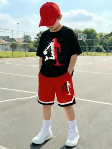 2pcs Set Tween Boy Colorblock Basketball Graphic Print Short Sleeve T-Shirt And Shorts, Sport Clothing, Sporty Streetwear Outfit For Boys, Suitable For Casual And Sports Occasions In Summer