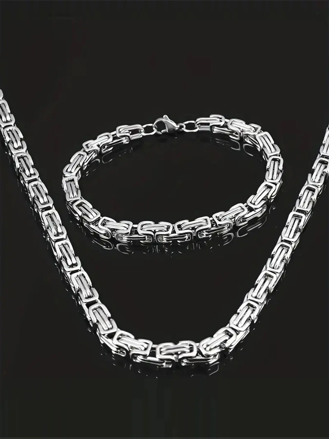 Men's Stainless Steel Necklace and Bracelet Set, Punk Style Byzantine Chain Jewelry, All-Season Fashion Accessories