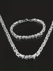 Men's Stainless Steel Necklace and Bracelet Set, Punk Style Byzantine Chain Jewelry, All-Season Fashion Accessories