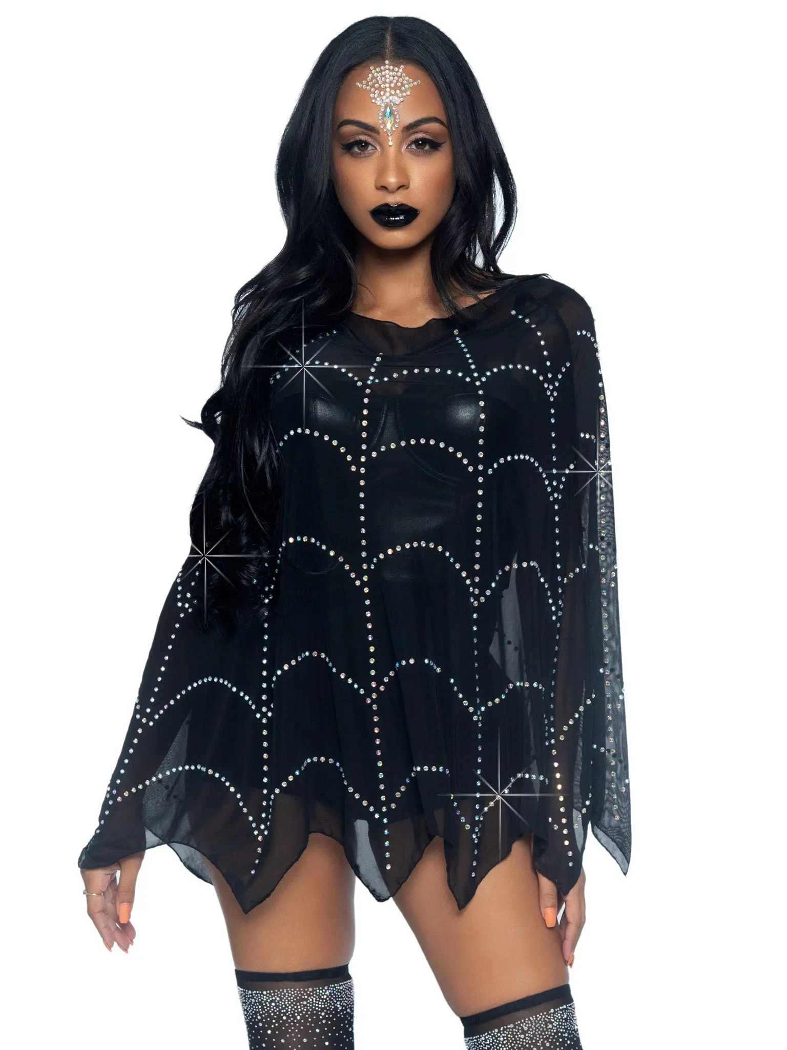 Women's Sheer Costume Poncho with Rhinestone Spider Web, Sexy Lightweight Halloween Outfit for Parties and Cosplay