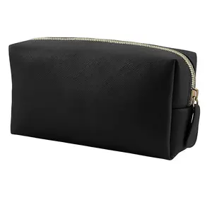 Black Leather Makeup Bag for Purse & Travel – Small Portable Cosmetic Organizer with Zipper, Toiletry Pouch for Women & Girls