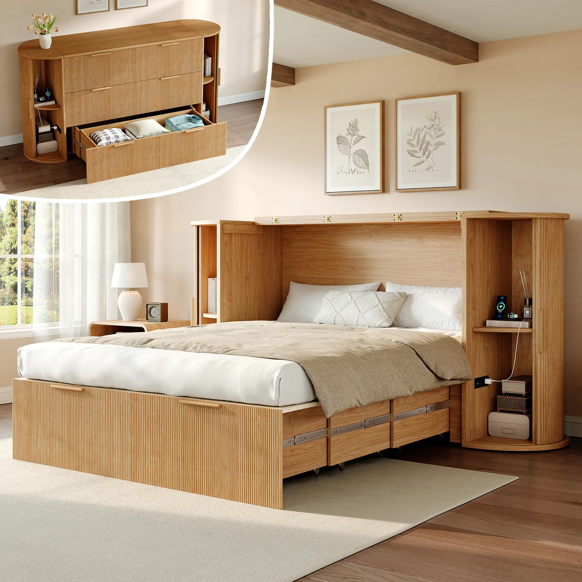 [Ships in 2 Boxes] [SummerWins] [SummerFinds] ALBOTT Murphy Bed with Storage Bedside Table & Sliding Tambour Door, Modern Cabinet Bed with Charging Station & Curved Fluted Design for Bedroom/Guest/Home Office