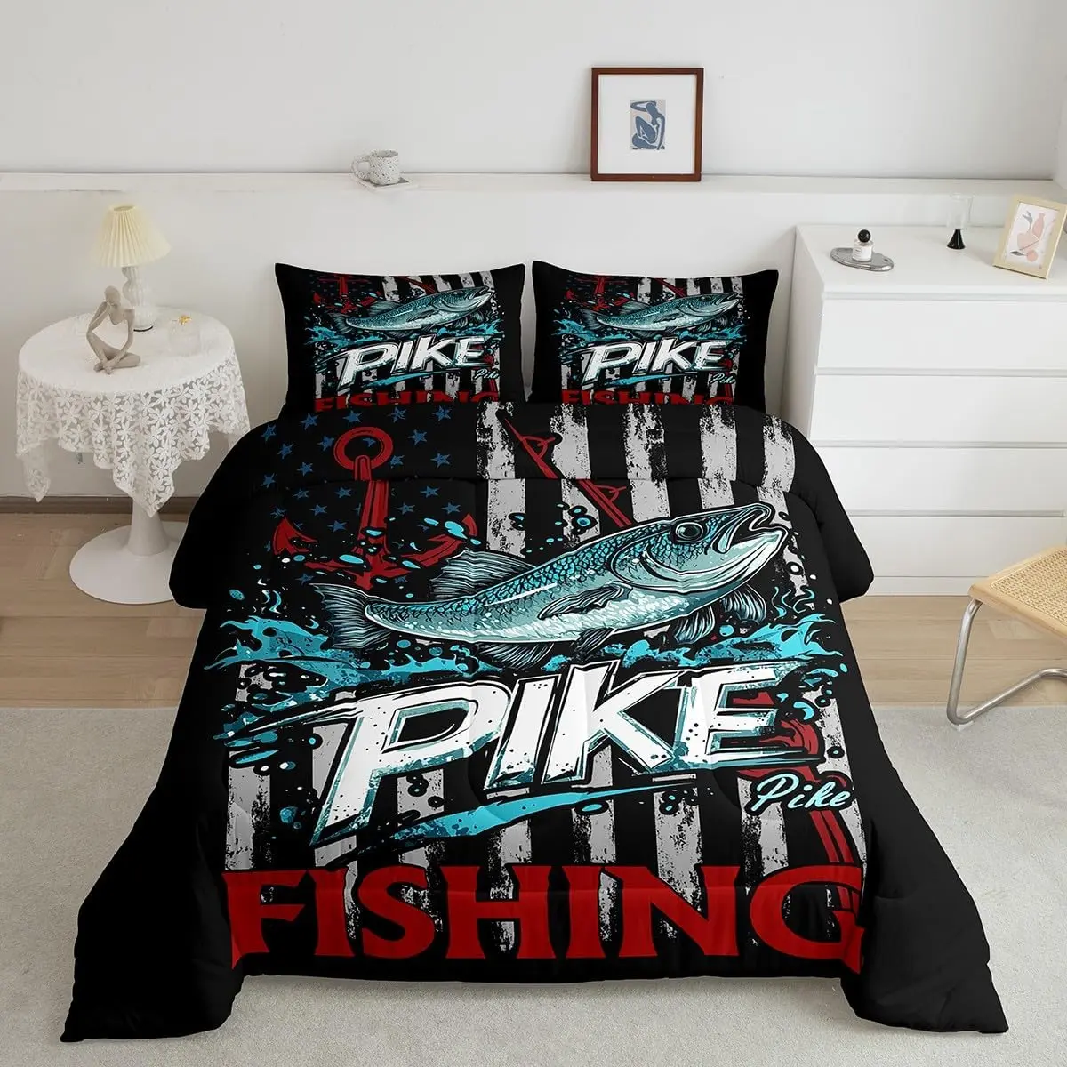 Feelyou Multi-Size Microfibre Cool Bedding Set - 90s Retro Fish & Anchor Print Queen Duvet Set, Digital Print, Soft Texture, Machine Washable, American Flag Design for Teens' Bedroom Decor