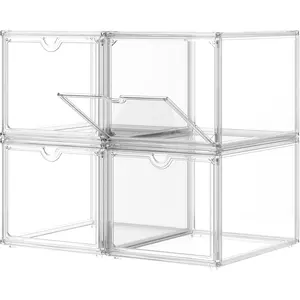 Clear Shoe Boxes Stackable, Display Case With Door, 4 Pack Acrylic, Shoe Boxes With Lids, Sneaker