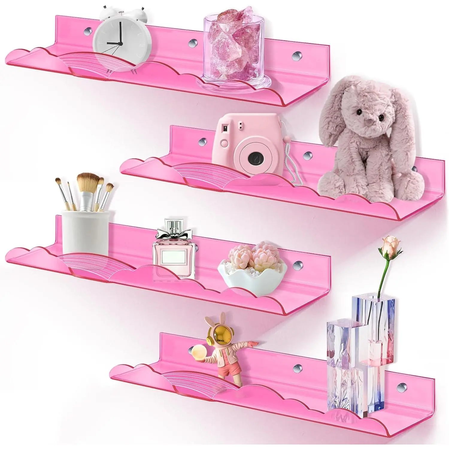 Rainbow  Floating Shelves, 15in  Wall Mounted  Bookshelves, Display Ledge for Books Toys  Storage, Bathroom Bedroom Living Room Wall Organizer, 4 Pack,