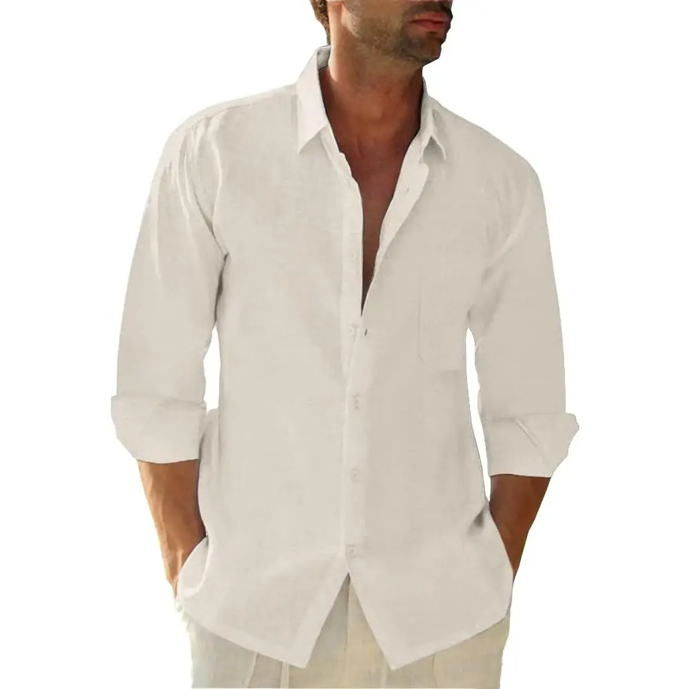 JEKAOYI Button Down Linen Shirts for Men Casual Long Sleeve Regular Fit Cotton Beach Shirts with Pocket T Shirt