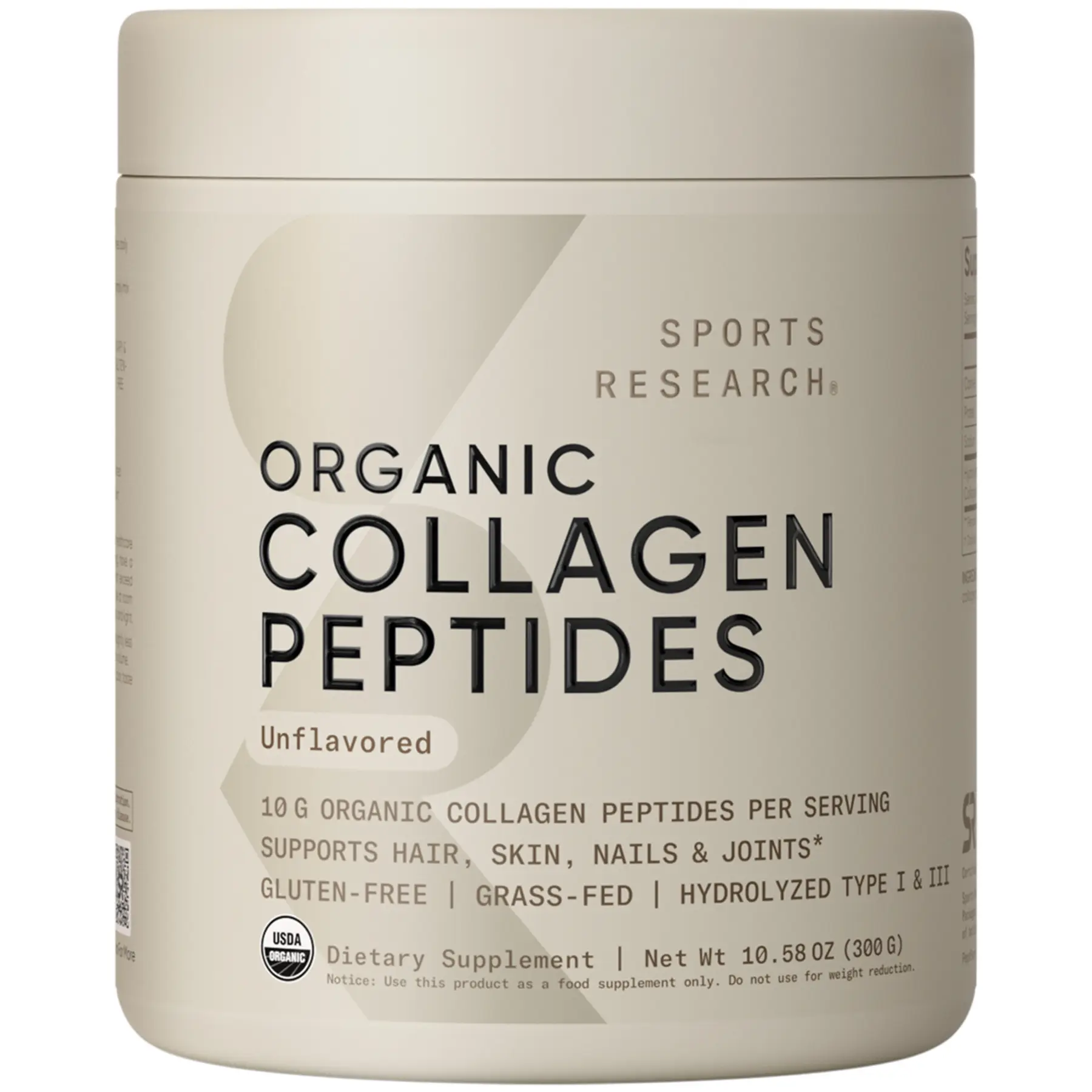 Sports Research Organic Collagen Peptides - USDA Certified Organic Hydrolyzed Type I & III Collagen - Unflavored - 30 Servings