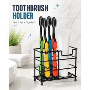 Bathroom Storage Holder + Black Stainless Steel Toothbrush & Toothpaste Holder + Rustproof Durable Material, Space-Saving Organizer + Bathroom Countertop Accessory + Modern Farmhouse Home Decor + Sleek Black Organizer for Bathroom Vanity Sink Counter Deco