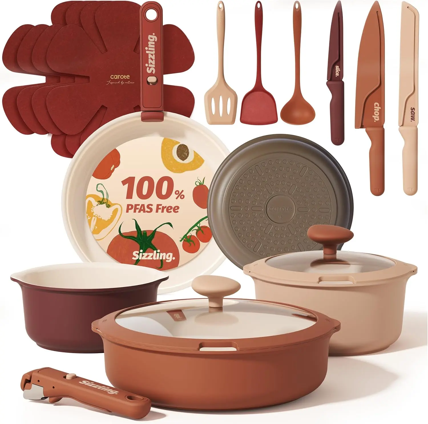[Official] CAROTE 22-Piece Vibrant Ceramic Nonstick Cookware Set, Detachable Handle, PFAS-Free, Induction Compatible, Dishwasher & Oven Safe
