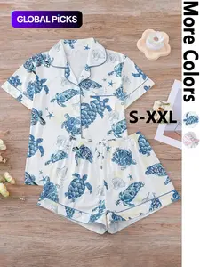 Women's All-Over Print Top & Elastic-Waist Shorts Pajama Set, Casual Comfy Short-Sleeve Top & Shorts, Ladies' Summer Sleepwear, Loungewear, Pyjamas, Pjs, Sleep Pajamas Shorts