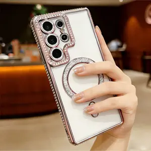 Phone Case Suitable for Samsung S26 Ultra S25 S24 S23 S22 Ultra S25FE Plus, Electroplated Diamond Magnetic Cellphone Case with Lens Film Protective Covers Casing Accessories Protector, Stylish Protective Cover