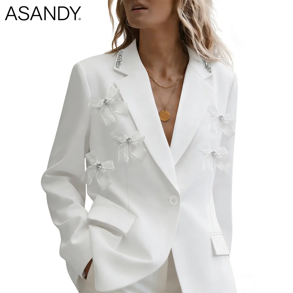 ASANDY Women's Blazer, Elegant V-Neck Single Button Lapel Statement Jacket with Rhinestone Shoulders & Sheer Organza Bows, Plain, Long Sleeve, Polyester, Solid, Glam, Suit, Crystal, All Seasons, Minimalist
