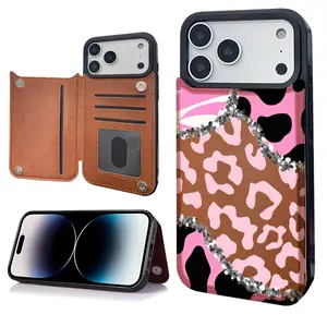 Cow leopard print Pattern Phone Cases,Compatible For SAMSUNG GALAXY S22 S23 S24 ULTRA PLUS Premium Leather Flip Wallet with Card Bag Holder Women Gift ,Black Brown Pink,  Shockproof Anti-Drop Full Protection Cover Shell Casing