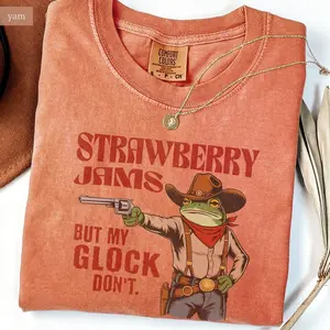 Comfort Colors Strawberry Jams But My Glock Don't Vintage Graphic T-shirt Funny Frog T-Shirt Meme Western Cowboy Frog Tee Cotton Fabric