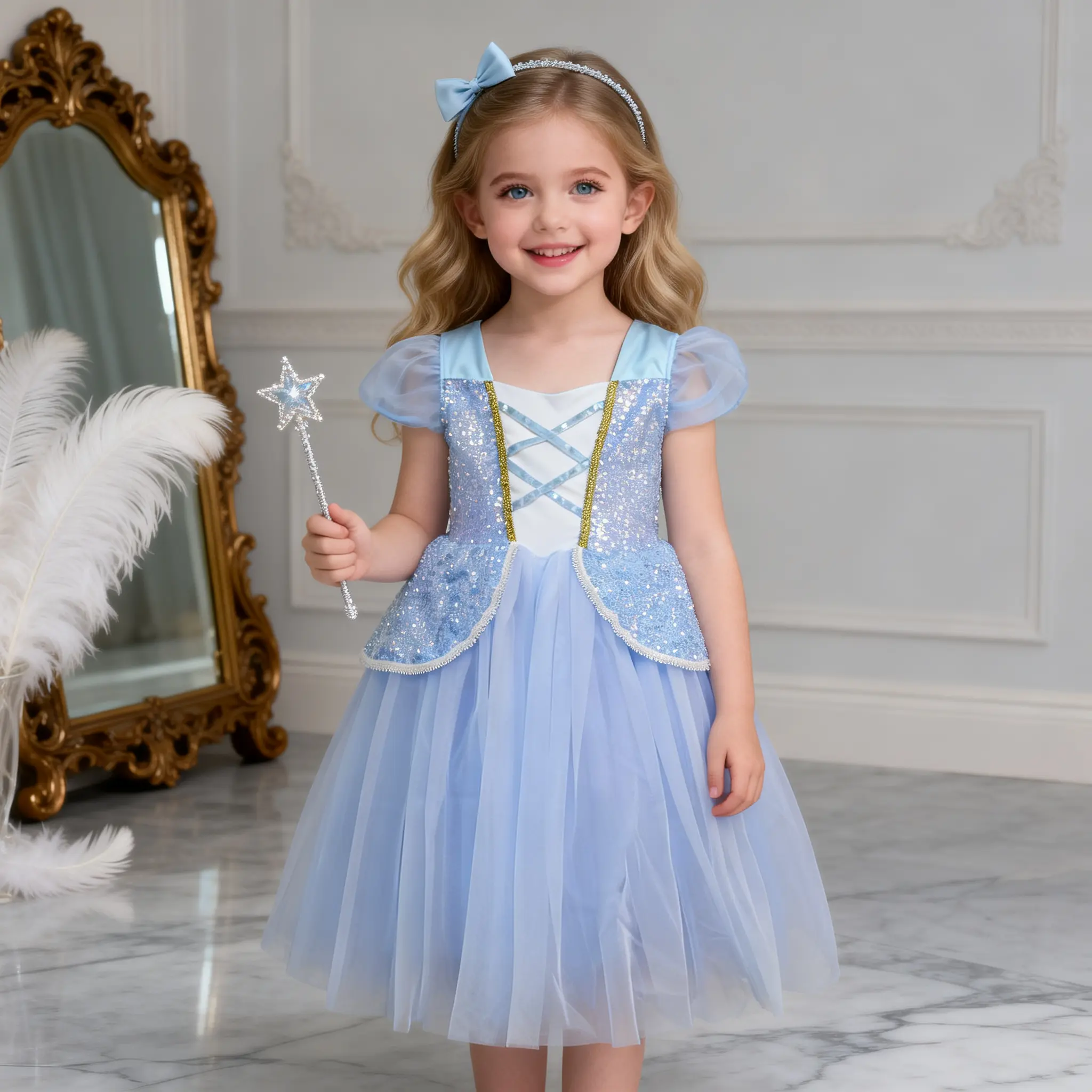 Girls' Blue Fairy Tale Crew Neck Puff-Sleeve Sparkly Fabric Princess Dress - All-Seasons Kids Role-Play Birthday Party Gown