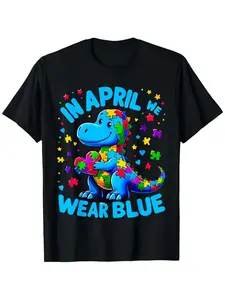 Autism Awareness In April We Wear Blue T-Rex Dino T-Shirt for Boys Girls, Boys Fashion, Boys T-Shirts, Breathable t-shirt, Unisex Comfortable Boy Girl Tees, Boys Clothing, Perfect Holiday Easter Gifts Birthday Party Gifts for Boys Girls