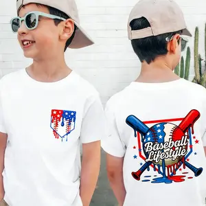 Boy's Baseball Drip American Flag Home Plate 4th Of July Patriotic T-Shirt, Boys Girls Cotton Tops Short Sleeve, Street Style Short Sleeve Tee, Must-Have Fashionable Tee,Baseball Life Style Apparel Youth Drip Baseball T-Shirt