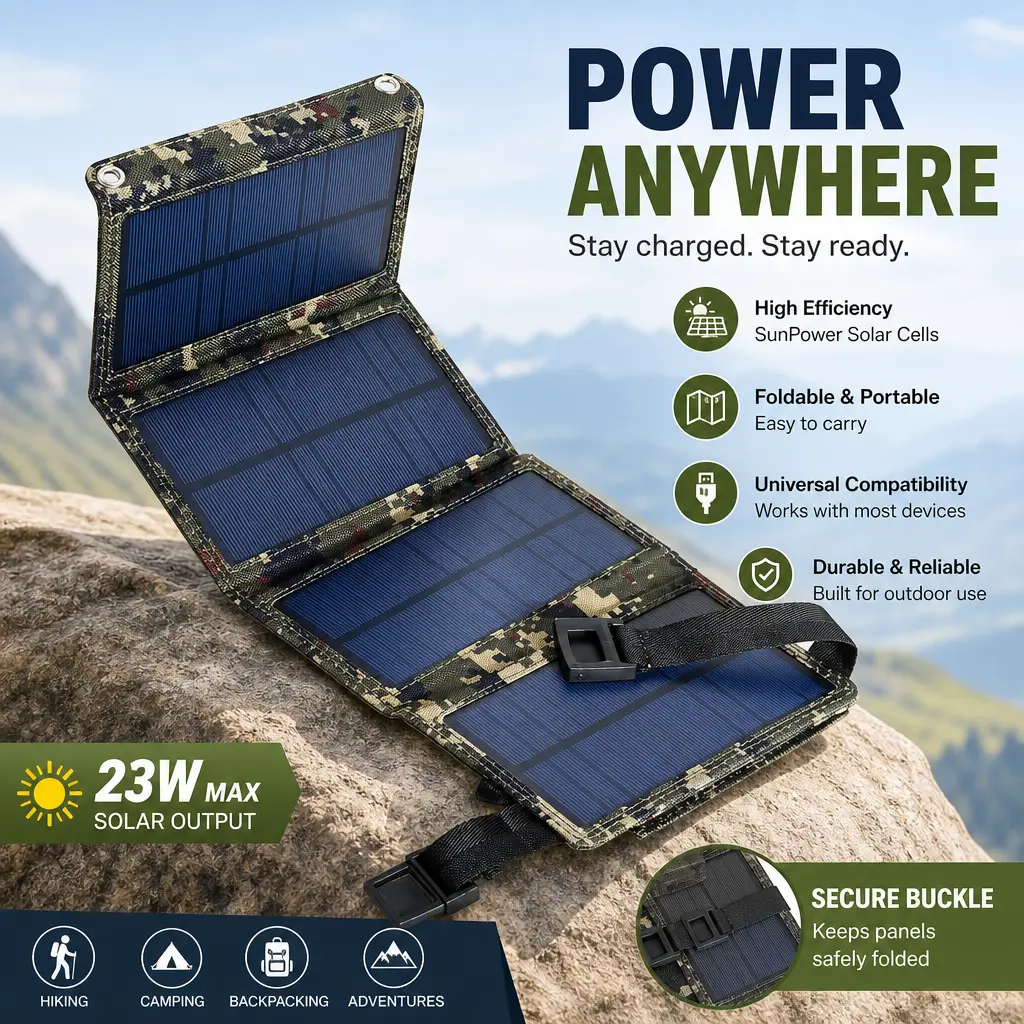 20W Foldable Camo Solar Panel IP65 Waterproof 5V USB Portable Monocrystalline Solar Charger Lightweight Solar Power Pack for Camping Hiking Travel Phone Tablet Flashlight