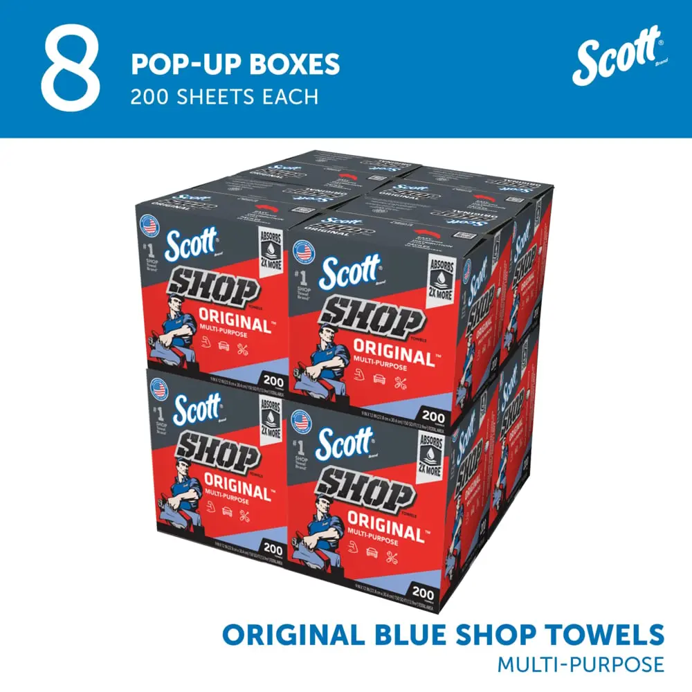 Scott 75190 Original Shop Towels Case of 8 - 200 Count Blue Multi-Purpose Towels for Automotive & Industrial Use