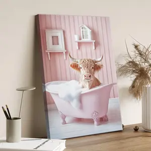 Highland Cow in Pink Bathtub Canvas – Whimsical Farm Animal Wall Art for Bathroom or Feminine Pastel Interior Decor