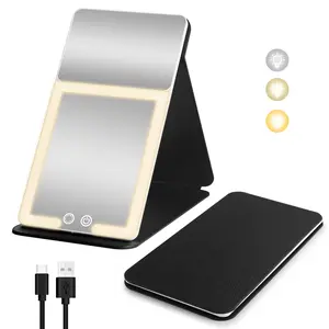 Mother's Day Gifts No More Bad Lighting for Travel Makeup! Rechargeable Foldable LED Vanity Mirror with 3 Light Modes, Touch Control, PU Leather Protective Case, Portable Compact Mirror for On-the-Go Beauty