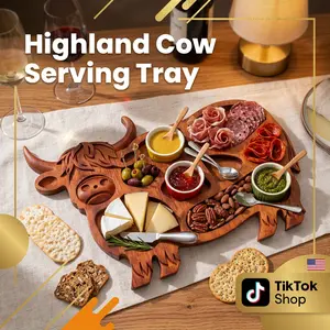 Cute Highland Cow Wooden Charcuterie Board, Small-Size Mini Snack Tray for Fruits, Cheese, Meats, Nuts, Kids-Friendly Platter for Parties, Family Gatherings