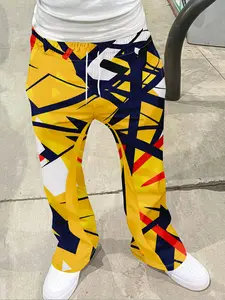 Men's streetwear retro flared pants, Casual streetwear trousers, contrasting colors with geometric lines and irregular graphic splicing, drawstring waistband+white stripes on the sides+tassel decoration on the hem, casual and comfortable, Casual Flare Leg