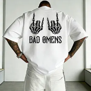 Men’s Bad Omens band-themed short-sleeve T-shirt, front and back print design featuring a skeletal gesture and mysterious symbol elements, dark rock style, loose oversized fit—a must-have for trendy men., Casual, Fashion
