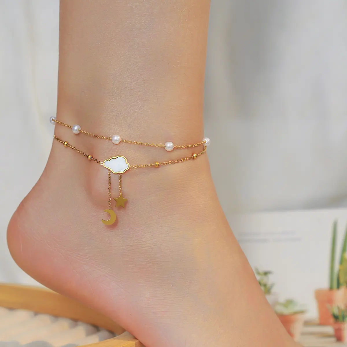 Cloud, Star & Moon Anklet, Trendy Style Fashion Double-chain Moon Star Cloud Design Anklet Foot Jewelry