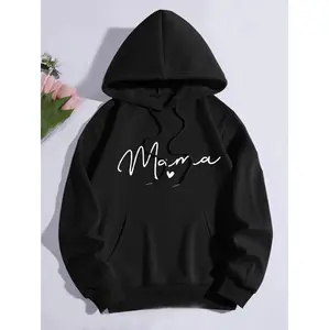 Stylish Women's Black Mama Print Hoodie With Front Pocket And Drawstring Hood For Casual Comfort In Soft Polyester Knit Fabric AllSeason Wear