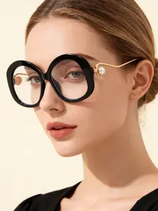 Women's Round Metal Frame Glasses, Retro Blue Light Blocking Eyewear, Pearl Decorated Fashion Flat Lenses, All-Season Trendy Style