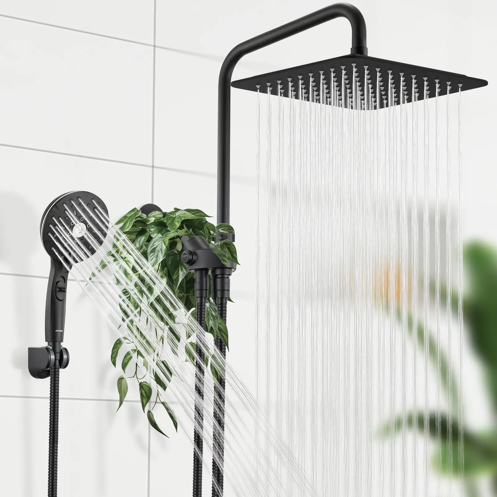 RYAMEN Dual Shower Head Combo, 8"/10" Rainfall & Handheld Shower Head, Adjustable Height, High Pressure, Shower Head with Handheld